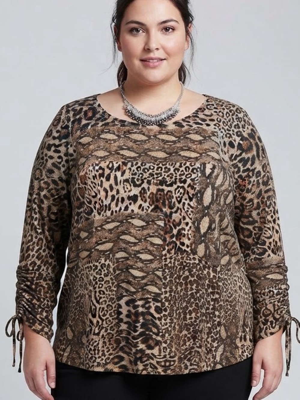 ZAC & RACHEL Brown Leopard Print Long Sleeve Knit Sweater with Tie Sleeve 3X